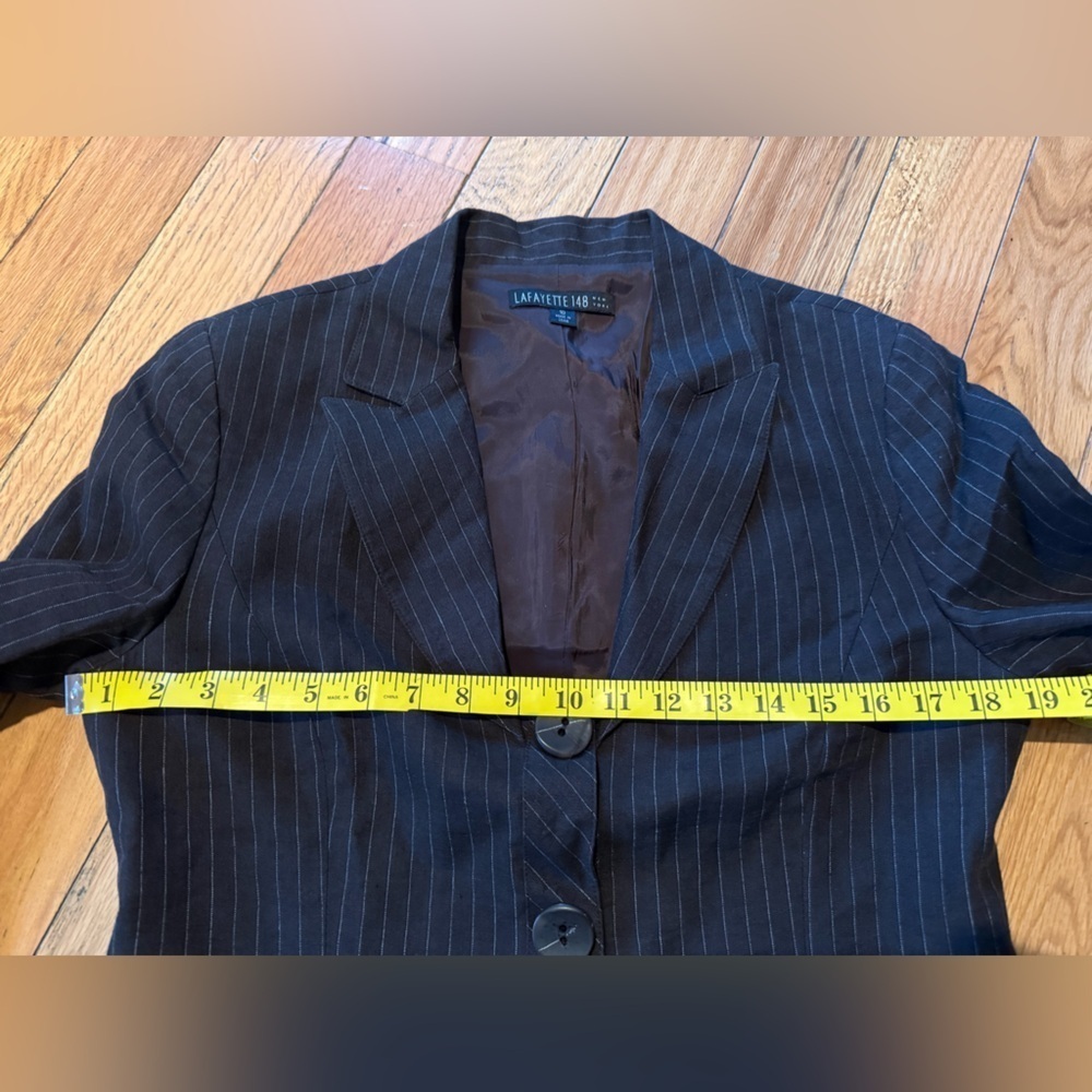 Lafayette 148 Blazer Brown Pinstripe 100% Linen 2 Button Career Jacket Women 10 - Picture 10 of 13